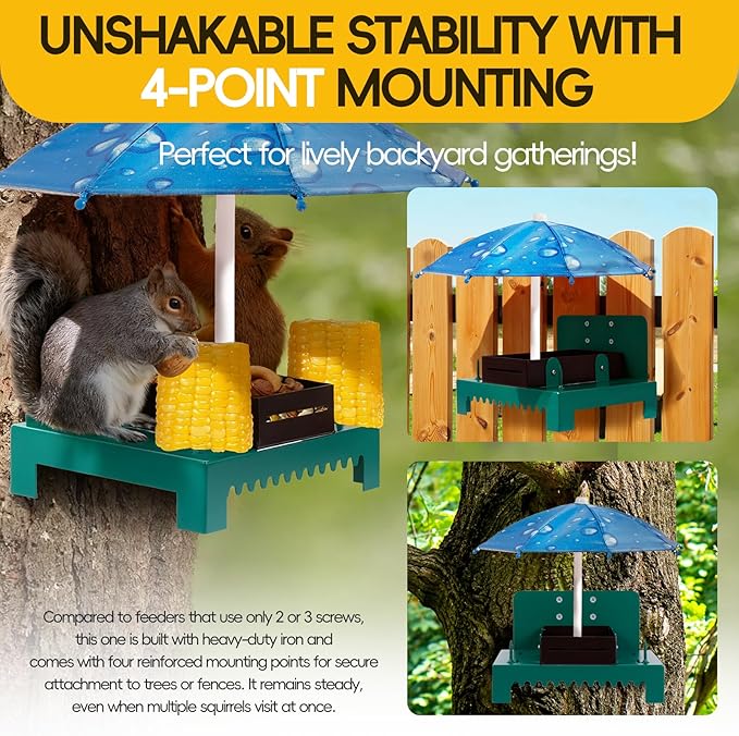 Metal Squirrel Feeder Picnic Table with Umbrella - Heavy Duty Iron Outdoor Chipmunk Feeder, Rust Resistant Corn Cob Holder, Funny Backyard Wildlife Gift for Nature Lovers. (Blue)