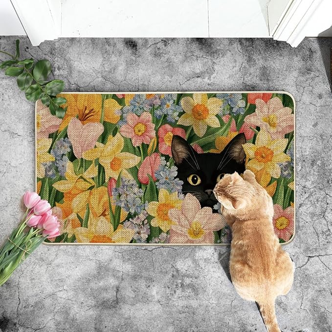 Artoid Mode Black Cat Floral Flowers Spring Doormat,Home Decor Door Mat Low-Profile Switch Rug Floor Mat for Indoor Outdoor 17x29 Inch