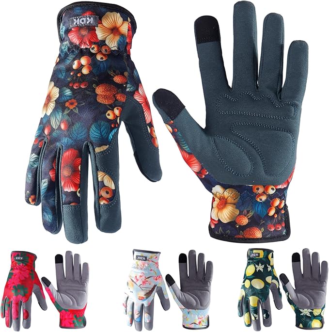 Gardening Gloves for Women, Flexible Breathable Garden Gloves, Leather Working Gloves for Weeding, Digging and Pruning (Flowers and Berries, Small)