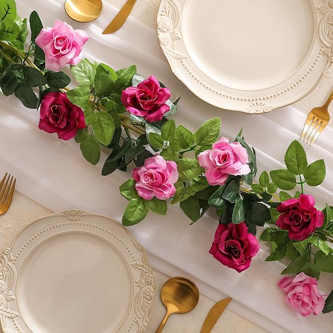 JUSTOYOU 2 Pack (15.8FT) Fake Rose Garland, Artificial Rose Vines Flowers Hanging Silk Rose Vine Wedding Home Backdrop Party Arch Arrangement Decoration