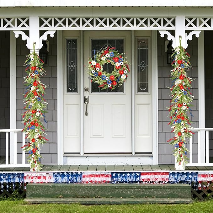 6.56 Ft 4th of July Flower Garland Wreath Patriotic Red Blue White Daisy Vine Garland Artificial Wild Floral Garland for Independence Day Arch Porch Stair Table Indoor Door Home All Year