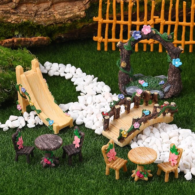 9 Pcs Fairy Garden Accessories - Miniature Garden Kit Landscape Decorations Table and Chairs Set Fairy Garden Furniture Ornaments Bridge Flower Slide Figurine for Terrarium Potted Plants, Dollhouse