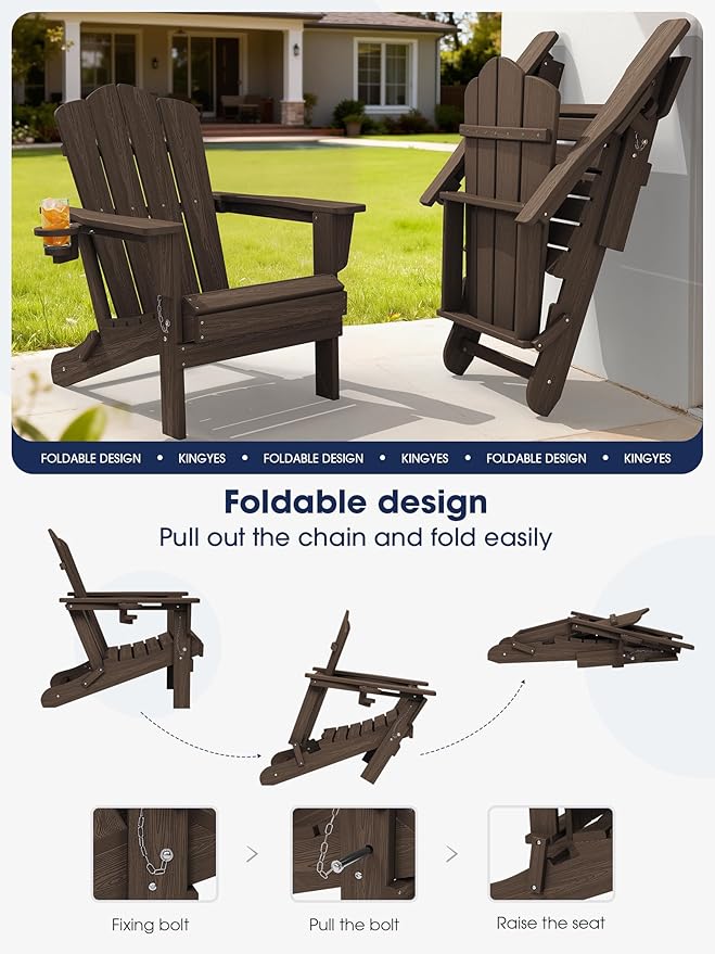 KINGYES Folding Adirondack Chair Set of 6, HDPE All-Weather Patio Chairs with Cup Holder, Wooden Textured Fire Pit Chairs for Poolside, Backyard, Deck, Coffee