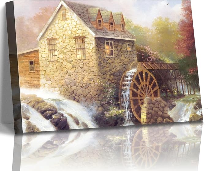 STUDIO HAVEN Thomas Kinkade Canvas Wall Art, Watermill Cottage Wooden Wheel Rushing Stream and Rustic Charm Oil Painting Poster Countryside Wall Decor, Framed Prints for Home Decor, 28x20Inch