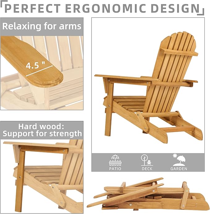 Set of 2 Outdoor Wooden Folding Adirondack Chair with Retractable Ottoman, Wood Patio Chair with Footrest for Garden Backyard Porch Pool Deck Firepit