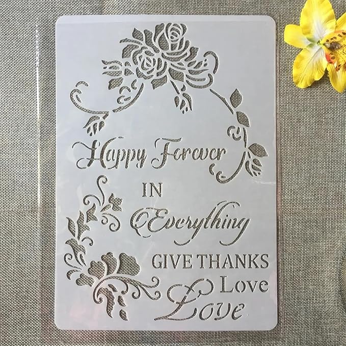 TIAMECH A4 Reusable Happy Forever Stencil for Painting - Flower Love Layering Template, DIY Wall Art, Wood Furniture, Scrapbook & Crafts (8.3x11.7inch)