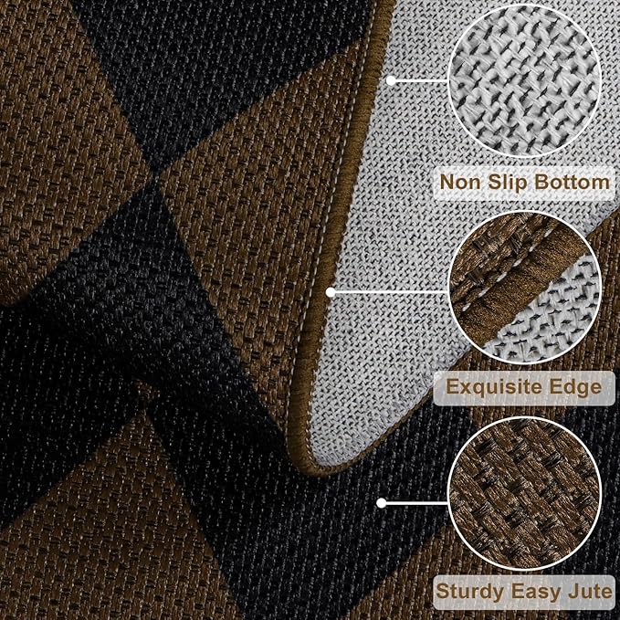 Easy Jute Checkered Entryway Rug, 2.6x4 Coffee Modern Indoor Outdoor Doormat Non-Slip Washable Kitchen Rug, Neutral Farmhouse Diamond Throw Rugs for Entrance Bedroom Porch Patio