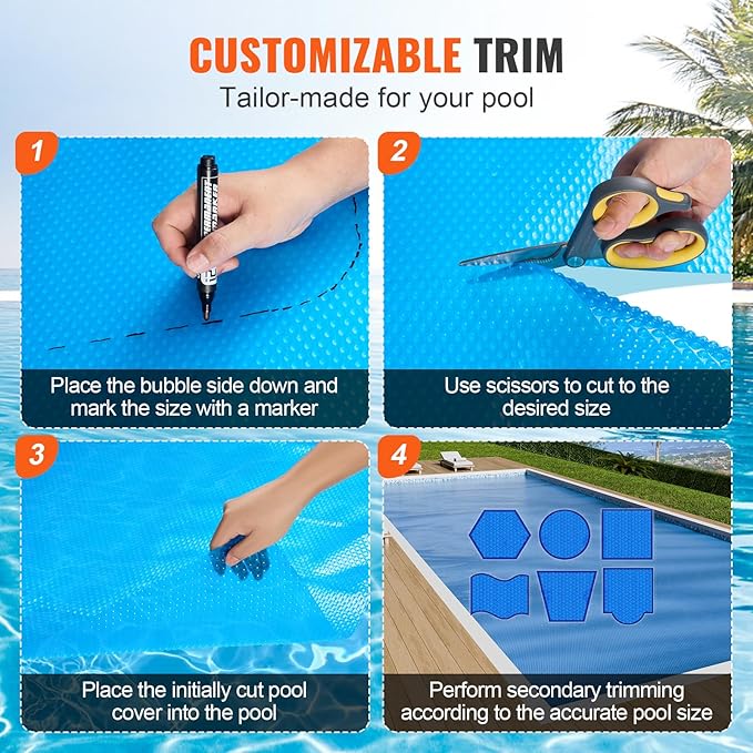 VEVOR Solar Pool Cover, 28 x 14 ft Rectangle Solar Cover 16 mil for Pools, Inground Above Ground Swimming Pool Solar Blanket with Bubble, Heat Retaining Solar Covers Blue