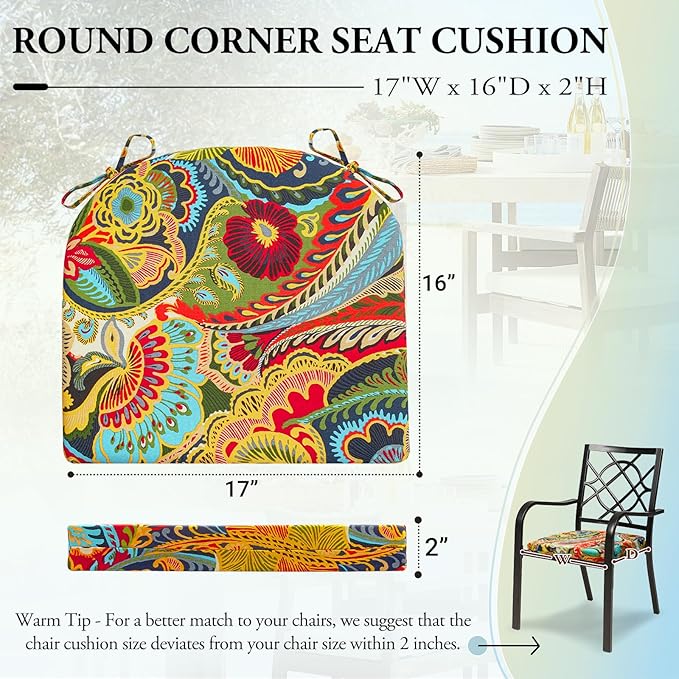 Wellsin Outdoor Chair Cushions for Patio Furniture - Patio Chair Cushions Set of 2 - Water Resistant Round Corner Outdoor Seat Cushions 17"X16"X2", Flower