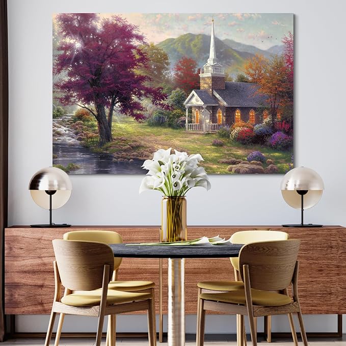 STUDIO HAVEN Thomas Kinkade Canvas Wall Art, Stone Chapel Flowing Stream Colorful Trees and Morning Light Serene Oil Painting Poster Landscape Wall Decor, Framed Prints for Home Decor, 28x20Inch