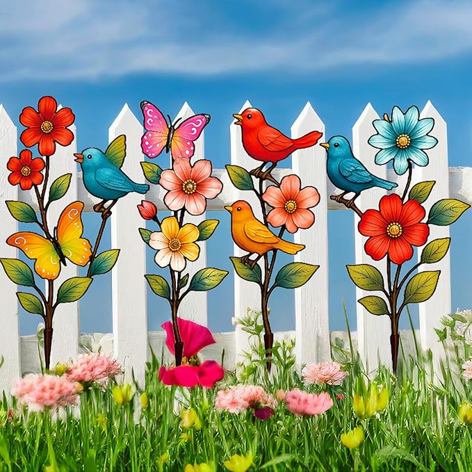 4 Pack Metal Flowers Outdoor Decor Spring Garden Stakes for Outside 15'' Decorative Colorful Flowers Birds Butterfly Yard Art Rust Proof Plant Sticks for Yard Lawn Pathway Patio Outside Walkway