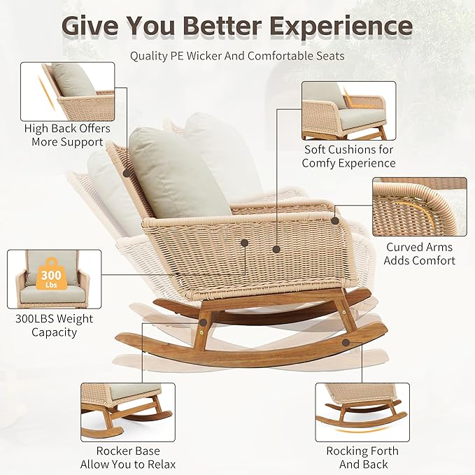 Christopher Knight Home Nadine Patio Rocking Chair, Wicker Rocker, Wood Leg Rocking Chair, PE Rattan Wicker Chair, Rocking Chair with Cushions, Comfort Wicker Rocker for Backyard Balcony Porch, Beige