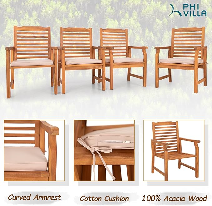 PHI VILLA 7 PCS Acacia Wood Outdoor Dining Set for 6, Expandable Teak Wooden Table & Chairs with Cushions, Farmhouse Dining Furniture Set for Patio, Deck, Yard