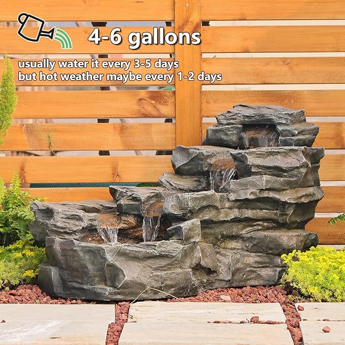 37" L Garden Outdoor Water Fountain, Floor Standing 5-Tiers Rock Natural Waterfall Outdoor Fountains with LED Lights for Patio, Porch, Home Art Decor