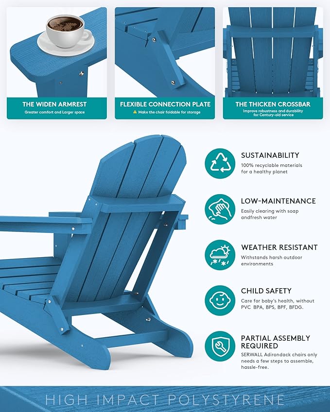SERWALL Folding Adirondack Chair Set of 4 for Patio Garden Outdoors Fire Pit Chairs- Sapphire