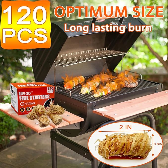 E500 Fire Starter - Natural Fire Starters for Fireplace, Campfires, Chimney, BBQ, Fire Pit & Wood Fireplace - 120 Pack Natural Pine Firestarters