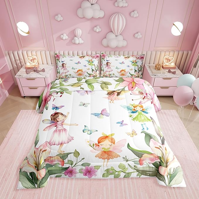 Erosebridal Floral Fairy Twin Comforter Set,Dreamy Fairy Garden Bedding Sets for Girls Kids,Coquette Flower Butterfly Quilt Bed Set,Pink Princess Bedroom Decor,1 Pillowcase Reversible