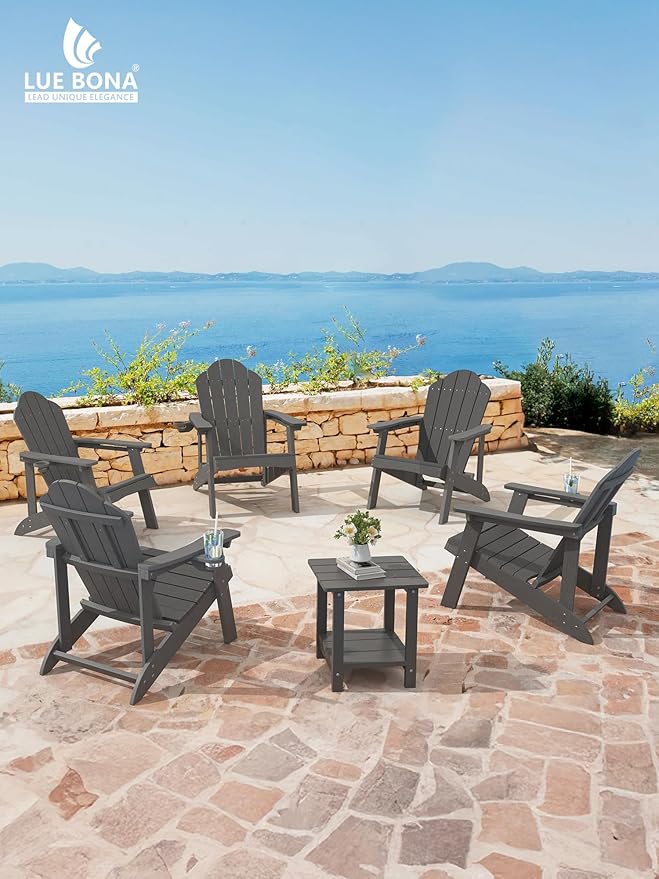 LUE BONA Matte HDPE Adirondack Chairs Set of 4 - Weather Resistant Seating with Cup Holder for Patio, Fire Pit, Deck & Cafe Patio, Dark Gray