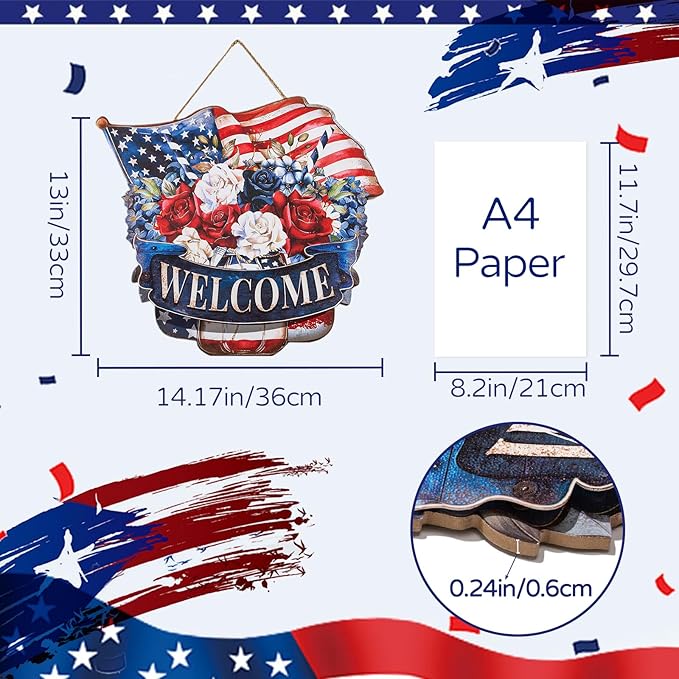 4th of July Decorations for Door: Metal Patriotic Wreath Outdoor 14" Red White and Blue Decor Fourth July Memorial Day Sign Large Mason Jar Wall Hanging Independence Vintage for Outside Indoor