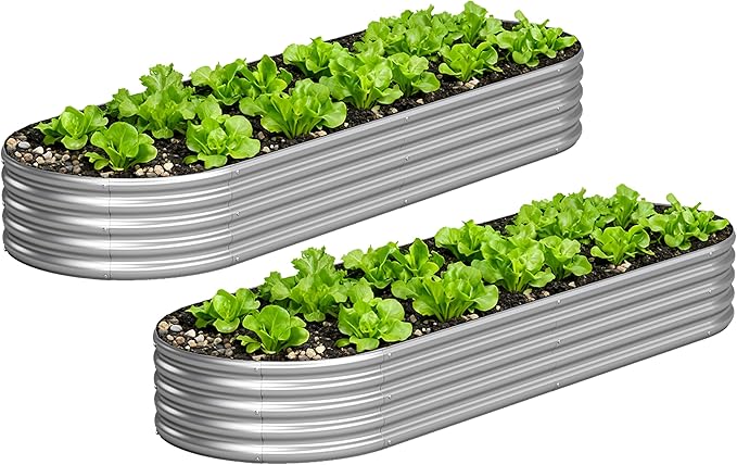 2PCS 8x2x1FT Galvanized Raised Garden Bed Kit,Vegetable Boxes-Oval Metal Flower Box,Large Planter Raised Beds Outdoor Garden for Planting,Fruit,Herb-Silver
