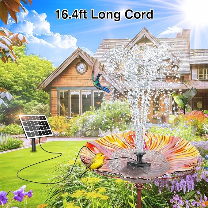 Solar Fountain Kit Works in Shade Glass,3.5W Solar Water Pump with 2000mAH Battery, Solar Bird Bath Fountain with Sucker and Stake for Garden, Outdoor, Water Feature-16.4ft Power Cord,7 Nozzles