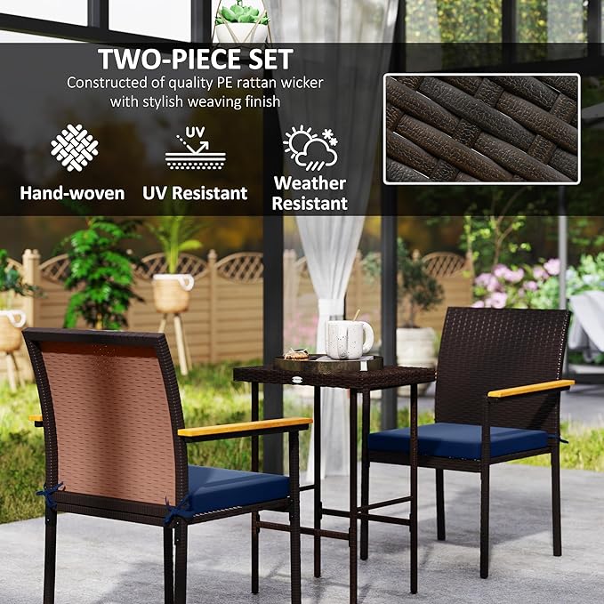 Outsunny Wicker Outdoor Dining Chairs Set of 2, Stackable PE Rattan Patio Dining Chairs with Cushions and Acacia Wood Armrests for Deck, Garden, 353 LBS Capacity, Navy Blue