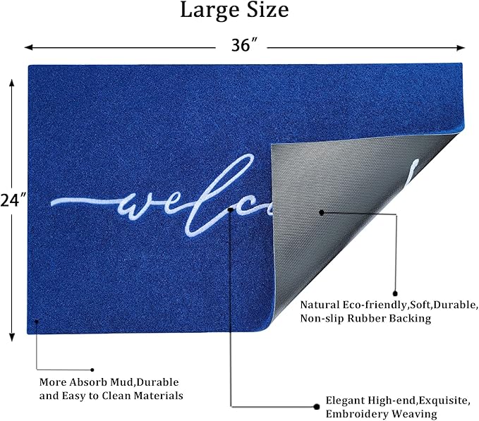 AAZZKANG Blue Door Mat Outdoor Entrance Welcome Doormat Large with Non Slip Rubber Backing Outside Inside Door Mats for Entryway,High Traffic Areas