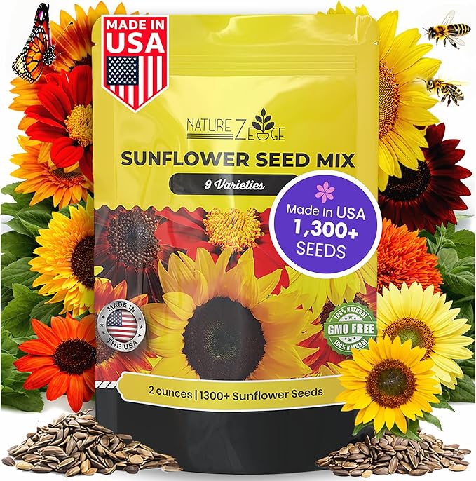 NatureZ Edge 1300+ Sunflower Seeds Garden Variety Pack, Bulk Sunflower Seeds for Planting Flowers, Get More Sunflower Seeds to Plant, Mammoth, Dwarf, Lemon Queen, Giant and More. 2oz Packet