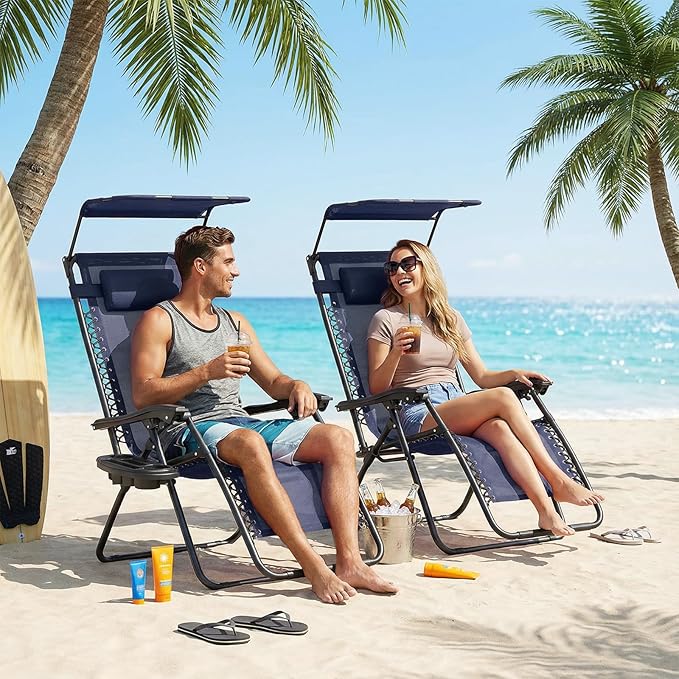 Magshion Zero Gravity Lounge Chairs with Canopy Set of 2, Outdoor Foldable Patio Reclining Chair, Adjustable Anti-Gravity Recliners with Headrest, Folding Lounger for Lawn Camping Beach, Navy Blue
