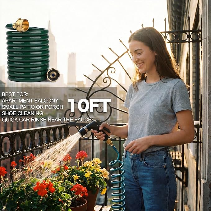 10FT Recoil Garden Hose for Balcony: Lightweight Green EVA Coil Water Hose with Brass Fittings - Compact and Easy Storage for RV Small Outdoor Use Connection