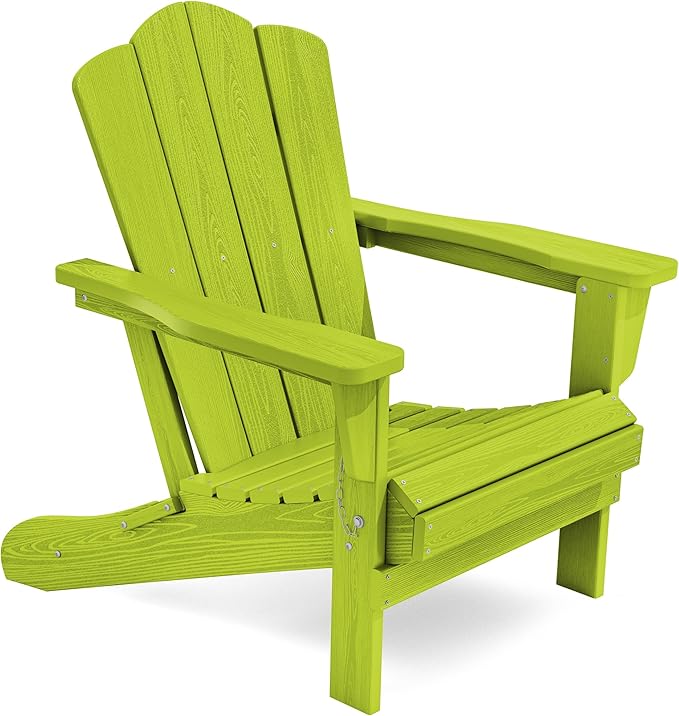 KINGYES Folding Adirondack Chair, HDPE All-Weather Patio Chairs, Wooden Textured Lawn Chair for Poolside, Backyard, Deck, Fire Pit, Apple