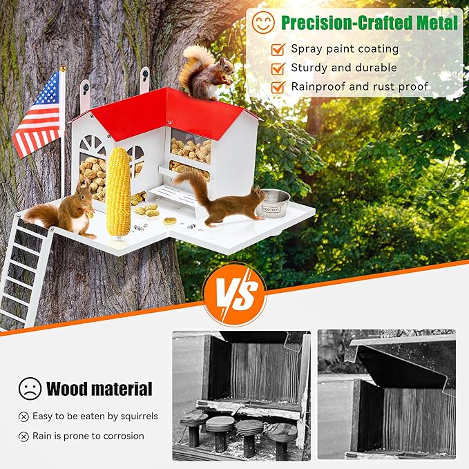 Metal Squirrel Feeder for Outside with Water Bowl, Hanging Squirrel House for Outdoors with Flag Ladder and Corn Cobs Holder, Peanut Feeder for Chipmunks, Mount on Trees or Fences