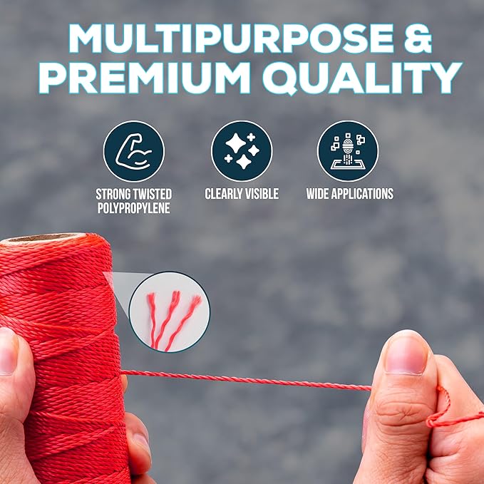 Mason Line String 1.3mm Thick Twisted Polypropylene – Durable Construction Twine for Laying Bricks, Blocks, Fences in Gardening, DIY & Landscaping Projects (Set 3 Colors, 262 Ft x 3 Pcs)