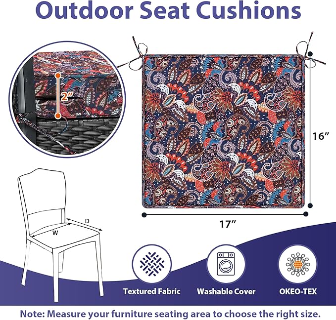 Outdoor Chair Cushions Set of 4,Waterproof Outdoor Seat Cushions for Patio Furniture,Patio Chair Cushion with Handle and Ties, Out Door Chair Pads,17" x 16" x 2", Artistic Floral