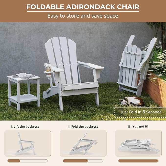 BRIOPAWS Folding-Adirondack-Chairs Set of 2 | HDPE Plastic | Fire Pit Chair | Cup Holder | Curved Back | All Weather| for Outdoor Backyard Deck Patio | White