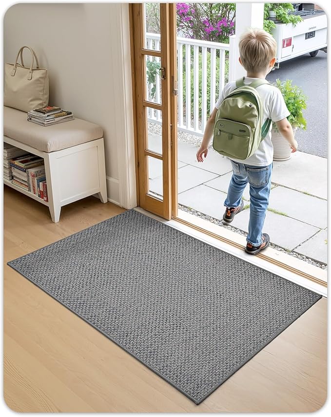 Color&Geometry Ultra-Thin Indoor Door Mat, 26"x47" Low-Profile Non-Slip Entryway Rug with Modern Geometric Texture, Washable Doormat for Indoor Entrance, Front Door, Light Grey (Rolled-up NO Creases)