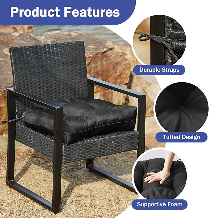 Outdoor Chair Cushions Set of 2, Patio Chair Cushions with Ties,19x19+5” Tufted Outdoor Seat Cushions, Waterproof Patio Furniture Cushions, Outdoor Dining Chair Pads, Black
