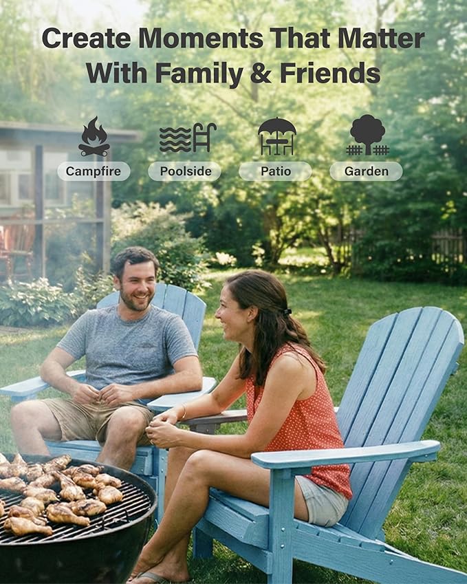 YEFU Adirondack Chairs Set of 4: Outdoor Chair HIPS Plastic Adirondack Chairs - Patio Chairs with Cup Holder & Wood Texture - Lawn Fire Pit Deck Porch Garden Chairs for Adults (Blue)
