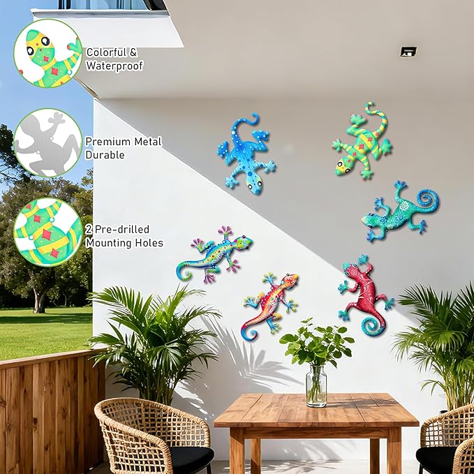 Metal Gecko Wall Decor 6 PCS, 3 Styles Outdoor Wall Art Decorations, Metal Lizard Hanging Decor for Garden, Patio, Farmhouse, Home, Fence
