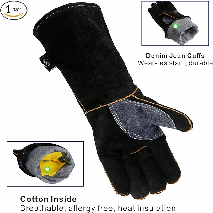 Extreme Heat/Fire Resistant Gloves Leather with Kevlar Stitching, Mitts Perfect for Welding/Oven/Grill/BBQ/Mig/Fireplace/Stove/Pot Holder/Tig Welder/Animal Handling