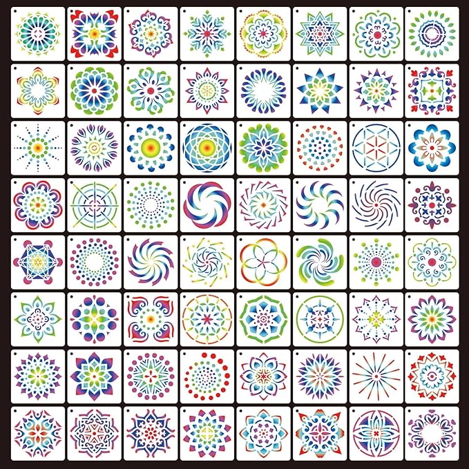 64 Pieces Stencils for Painting, Small Reusable Mandala Dot Stencil, Art Craft Template for Painting on Wood, Wall, Fabric, Rock, Chalkboard, Sign, DIY Art Scrapbook Projects(Mandala)
