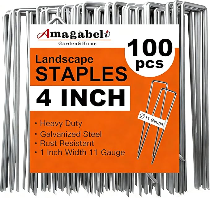 AMAGABELI GARDEN & HOME 4 Inch 100 Pack Galvanized Landscape Staples Garden Staples 12 Gauge Garden Stakes Plant Cover Stakes U-Shaped Landscape Stakes Landscape Pins for Weed Barrier Fabric