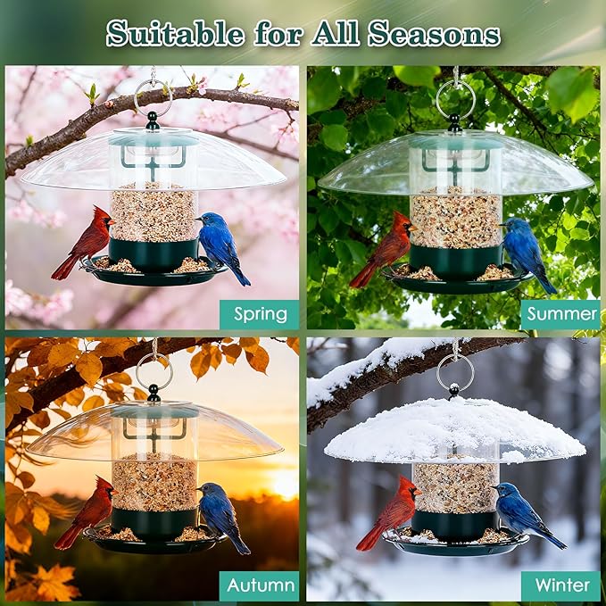 Metal Bird Feeder for Outdoor Hanging with 12” Weatherproof Dome, Weather Resistant Wild Bird Feeder with 360 Degree Feeding Tray, Green