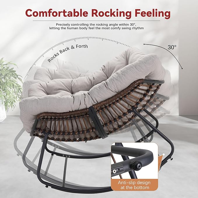 Rocking Papasan Chair, Oversized Outdoor Rocking Chair Rattan Rocking Chair with Deep Seat Thick Cushion, Patio Rocking Chair for Indoor/Porch/Garden (Light Grey & Black)