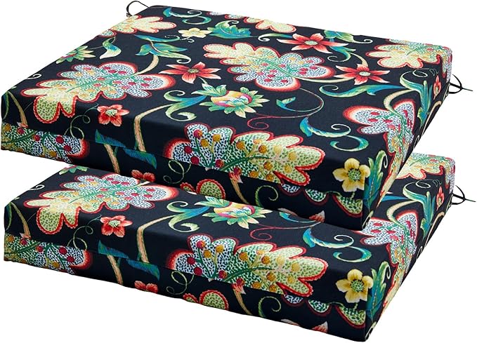 Outdoor Chair Cushions Set of 2, 18.5 x 16 Inch Patio Chair Cushions for Outdoor Furniture, Water Resistant Outdoor Patio Chair Cushions with Non-Slip Ties(Black Floral)