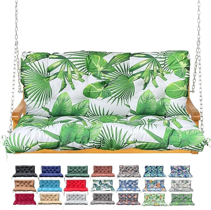 Porch Swing Cushion with Backrest,Waterproof Bench Cushion for Outdoor Furniture,2-3 Seater Replacement Thickened Swing Cushion with Ties,Patio,Outdoor,Backyard and Garden (Fresh Leafy,40x40")