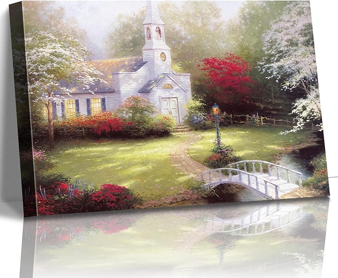 STUDIO HAVEN Thomas Kinkade Canvas Wall Art, White Church Flower-Lined Path Stone Bridge Stream Serene Morning Oil Painting Poster Landscape Wall Decor, Framed Prints for Home Decor, 36x24Inch
