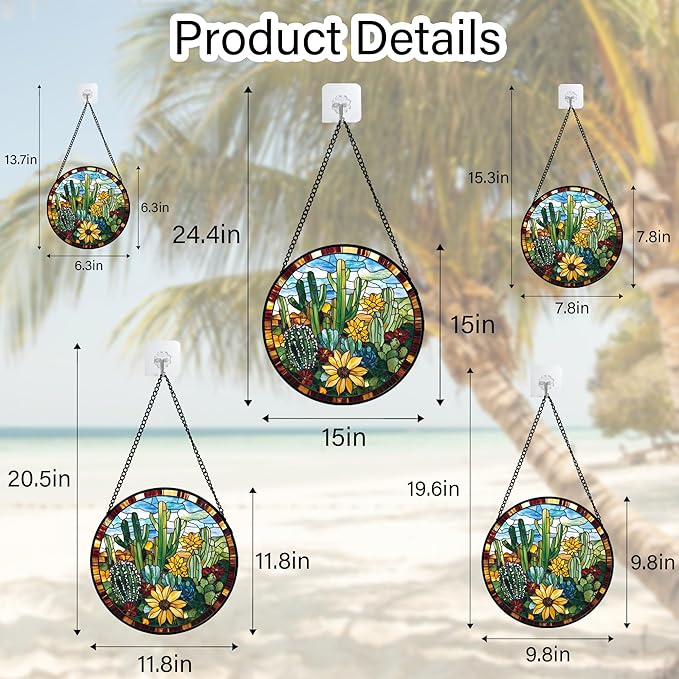 Stained Glass Window Hanging Green Cactus with Yellow Flowers 7.8" - Suncatcher Door Garden Sun Catcher Home Decor Birthday Christmas for Mom Men Woman Friend Nana