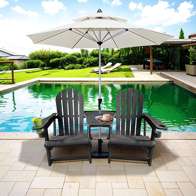 All Weather Plastic Adirondack Chairs, Fire Pit Chairs with Cup Holder, HDPE Outdoor Lawn Chair for Garden, Patio,Porch,Backyard, Black Double Chair