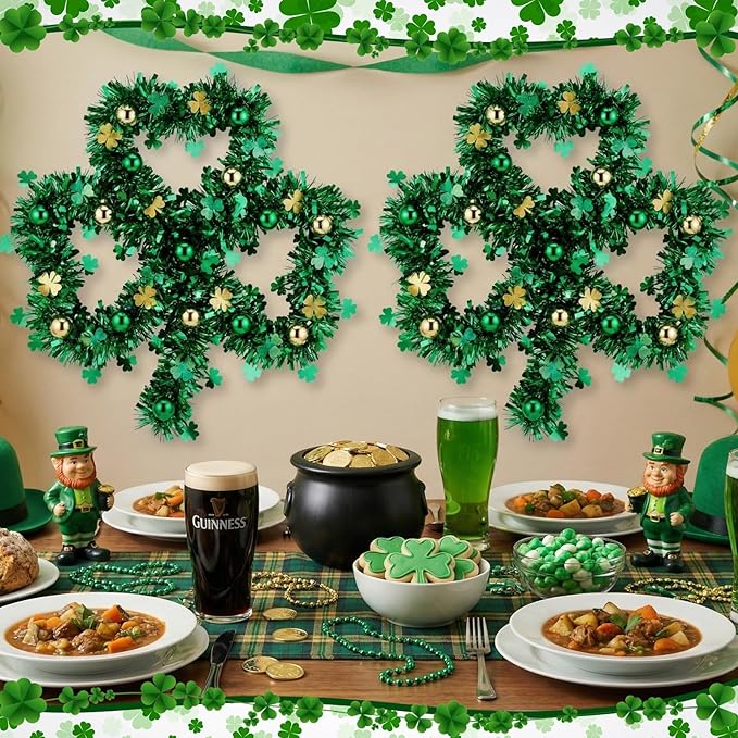 3 Pcs St. Patrick's Day Shamrock Tinsel Wreath 15.4" Large Irish Green Gold Lucky Clover Garland with Decorative Balls Thick Tinsel Hanging Decor for Front Door Outdoor Home Wall Window